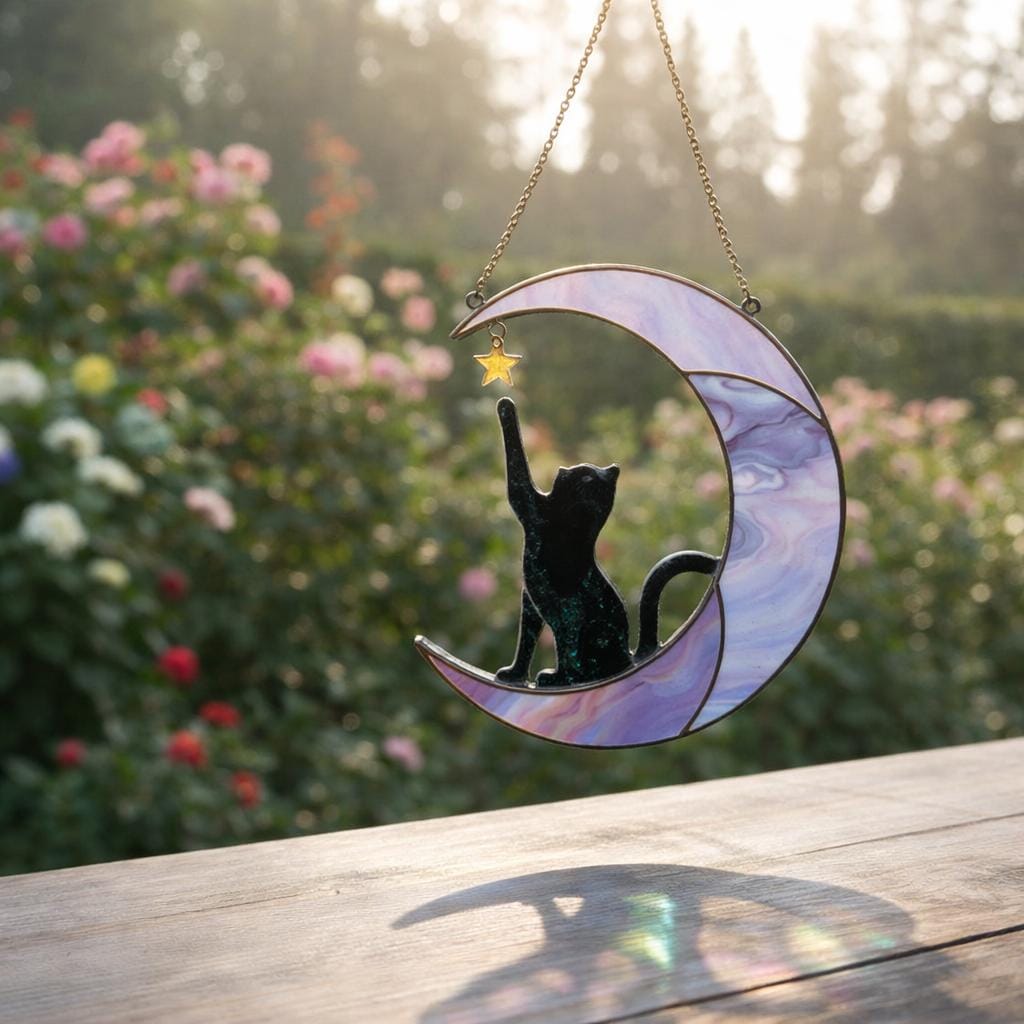 Stained Glass Cat on Moon Suncatcher, Celestial Window Decor