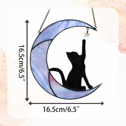 Stained Glass Cat on Moon Suncatcher, Celestial Window Decor