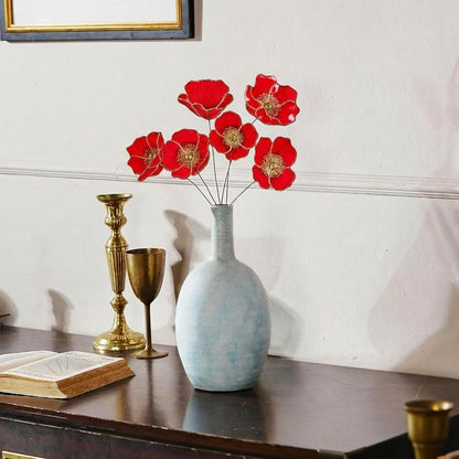 Handmade California Poppy Stained Glass Bouquet, Set of 6 Decorative Faux Flowers, Home Decor