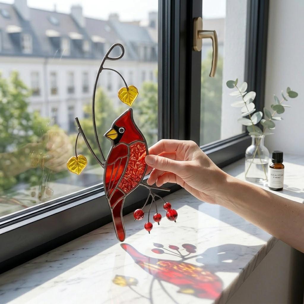 Stained Glass Cardinal Suncatcher, Sympathy Memorial Gift, Red Bird Window Hangings, Mothers Fathers Day Gift, Handmade Glass Art