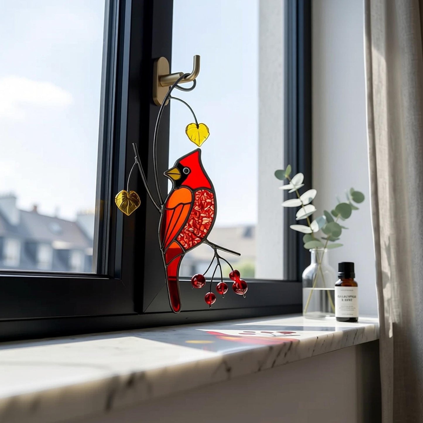 Stained Glass Cardinal Suncatcher, Sympathy Memorial Gift, Red Bird Window Hangings, Mothers Fathers Day Gift, Handmade Glass Art