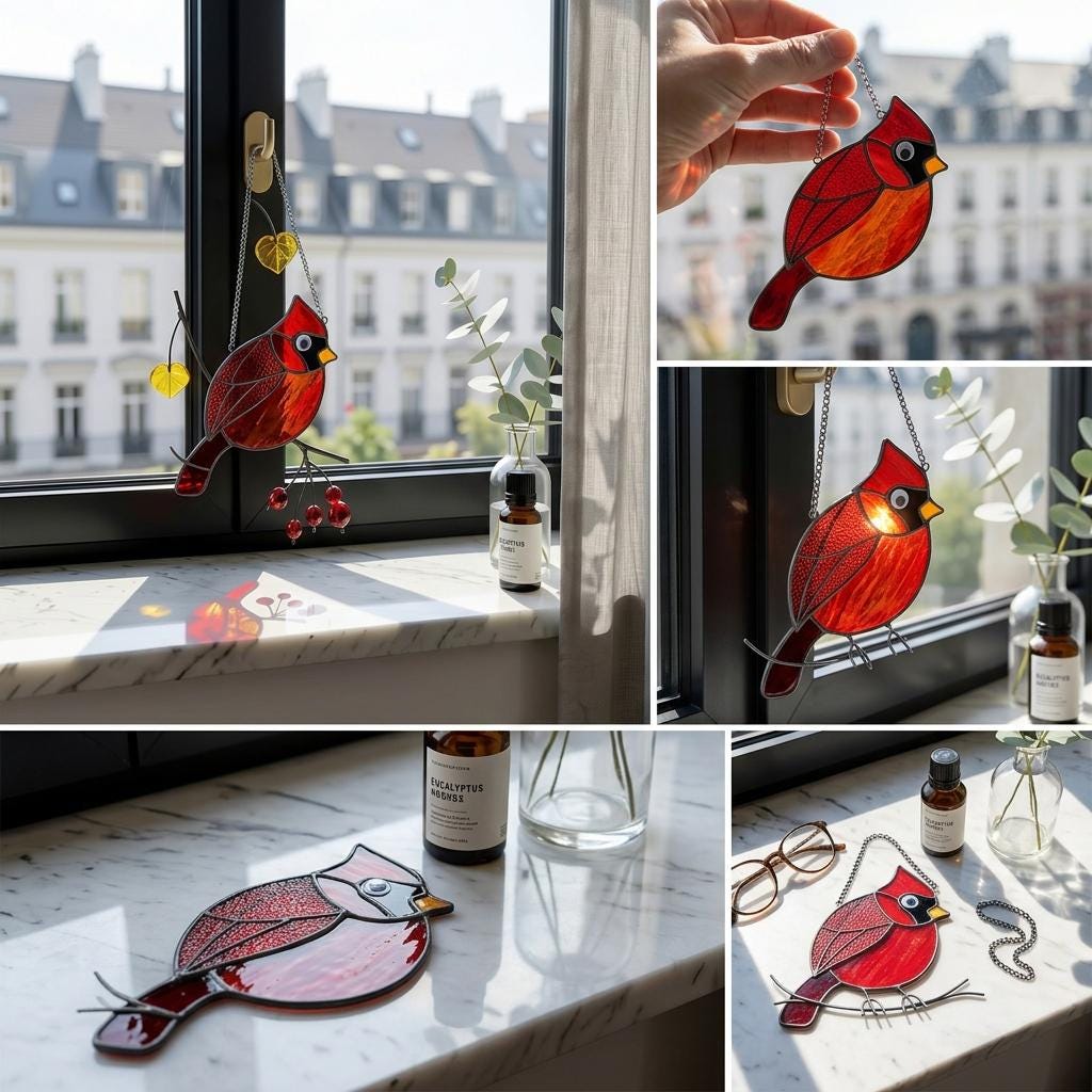 Red Cardinal Stained Glass Suncatcher, Mothers Day Gift for Mom, Handmade Bird Window Hanging, Memorial Gift, Sun Catcher Glass Art