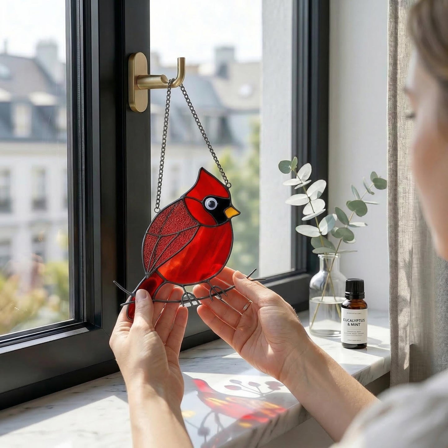Red Cardinal Stained Glass Suncatcher, Mothers Day Gift for Mom, Handmade Bird Window Hanging, Memorial Gift, Sun Catcher Glass Art