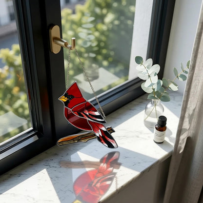 Handmade Stained Glass Cardinal Suncatcher, Red Bird Window Decor, Memorial Gift for Bird Lover, Nature Window Hanging, Glass Art