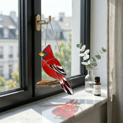 Handmade Stained Glass Cardinal Suncatcher, Red Bird Window Decor, Memorial Gift for Bird Lover, Nature Window Hanging, Glass Art