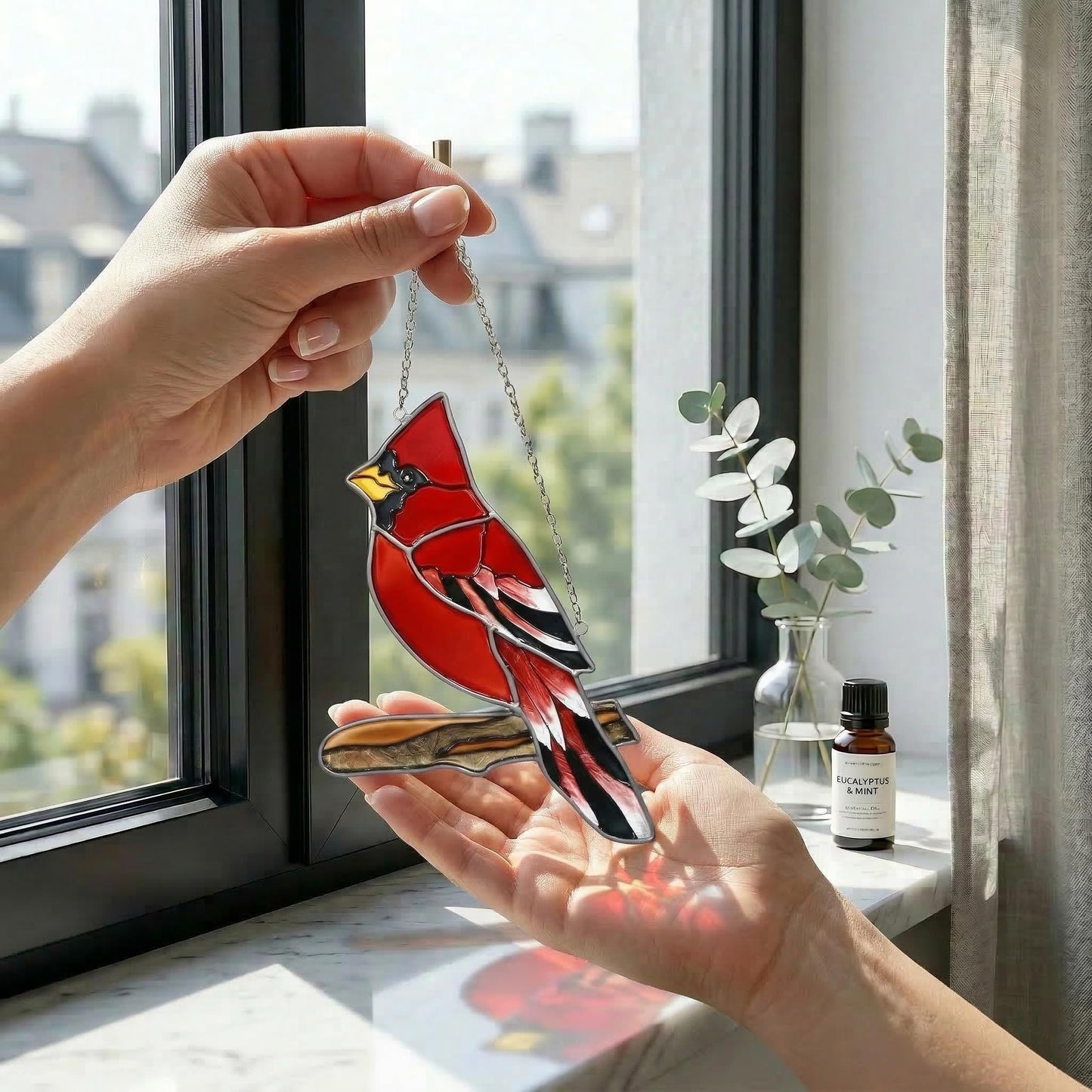 Handmade Stained Glass Cardinal Suncatcher, Red Bird Window Decor, Memorial Gift for Bird Lover, Nature Window Hanging, Glass Art