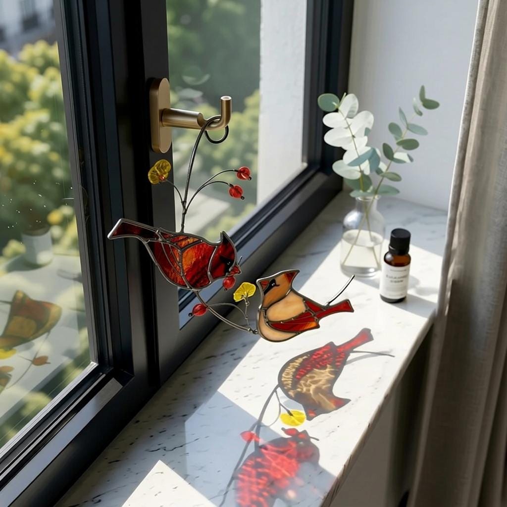 Stained Glass Cardinal Suncatcher | Mother's Day Gift for Mom | Bird Window Hanging | Memorial Gift | Spring Garden Decor