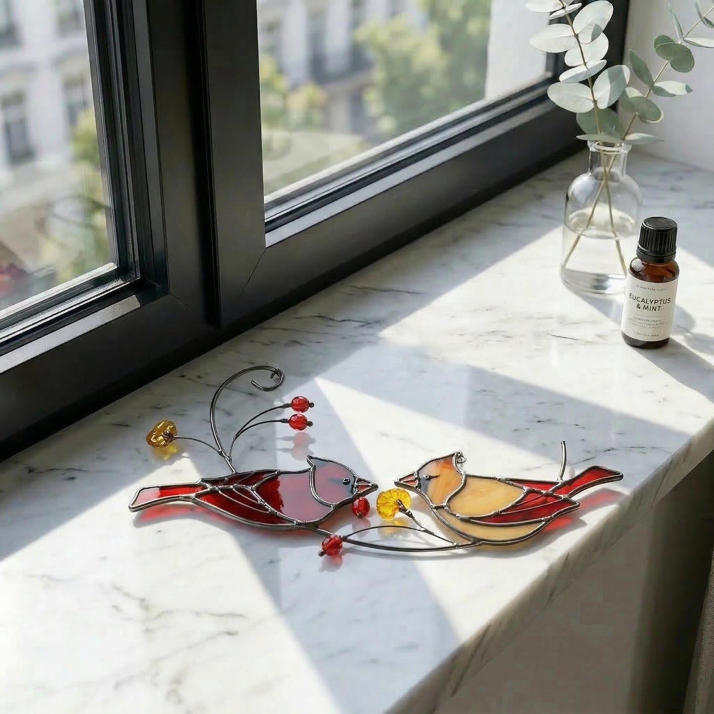 Stained Glass Cardinal Suncatcher | Mother's Day Gift for Mom | Bird Window Hanging | Memorial Gift | Spring Garden Decor