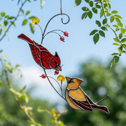 Hummingbird & Chickadee Stained Glass Suncatcher, handemade Hummingbird suncatcher, Unique Garden Decor Gift for Mom