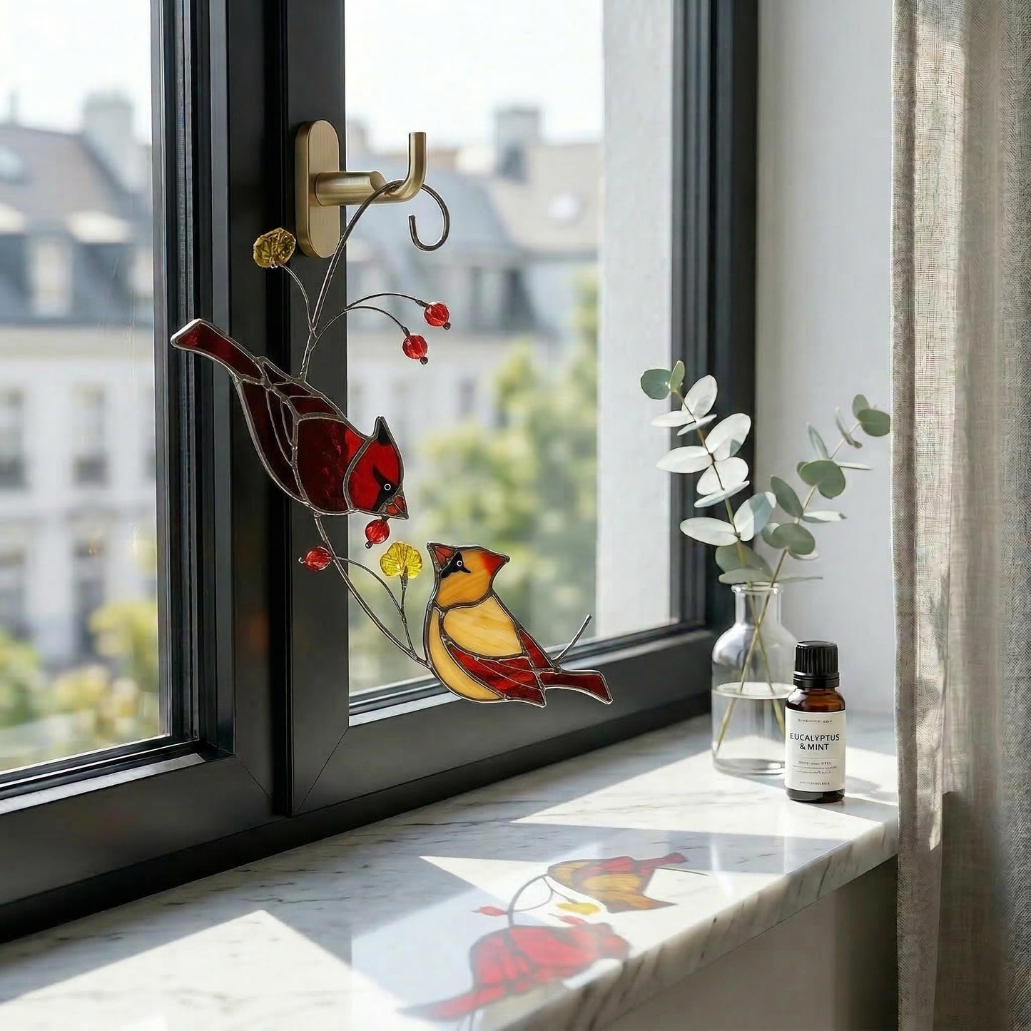 Hummingbird & Chickadee Stained Glass Suncatcher, handemade Hummingbird suncatcher, Unique Garden Decor Gift for Mom