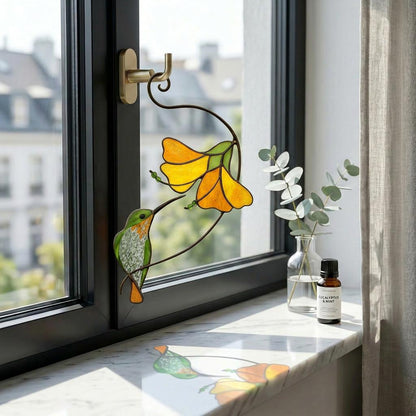 Hummingbird & Chickadee Stained Glass Suncatcher, handemade Hummingbird suncatcher, Unique Garden Decor Gift for Mom