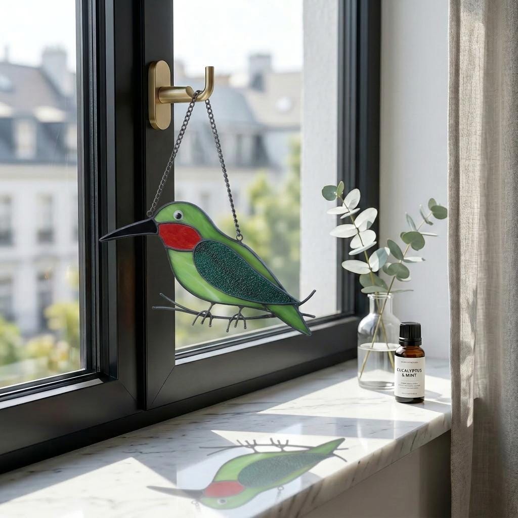 Hummingbird Stained Glass Suncatcher | Handmade Window Hanging Bird Decor | Housewarming Gift for Mom | Bird Lover Unique Present