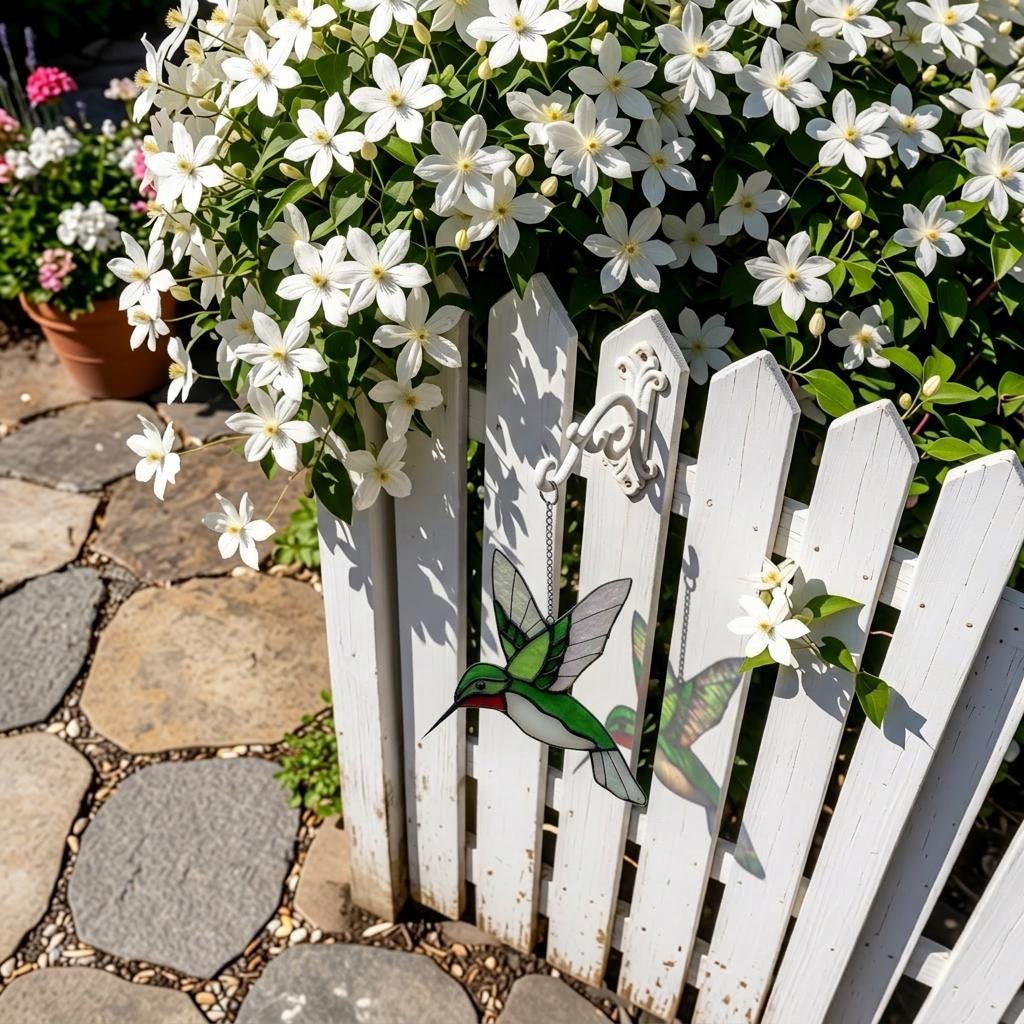 Handmade Green Stained Glass Hummingbird Suncatcher | Window Hanging Glass Art & Garden Decor | Mother's Day Gift for Her