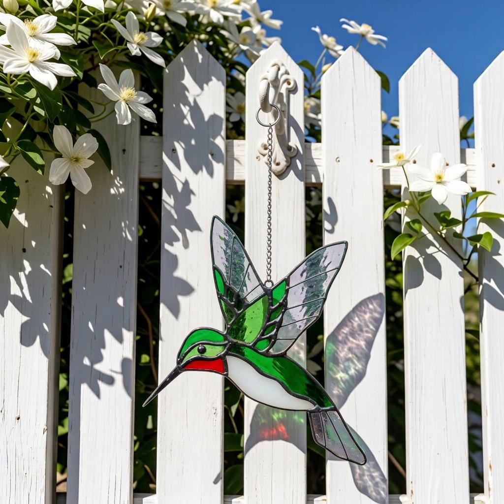 Handmade Green Stained Glass Hummingbird Suncatcher | Window Hanging Glass Art & Garden Decor | Mother's Day Gift for Her