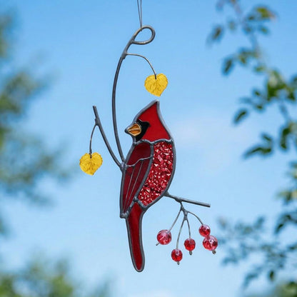 Stained Glass Cardinal Suncatcher, Sympathy Memorial Gift, Red Bird Window Hangings, Mothers Fathers Day Gift, Handmade Glass Art