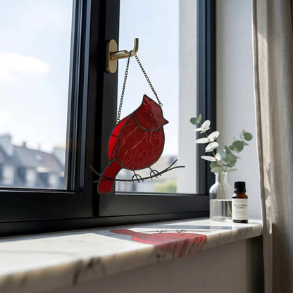 Red Cardinal Stained Glass Suncatcher, Mothers Day Gift for Mom, Handmade Bird Window Hanging, Memorial Gift, Sun Catcher Glass Art