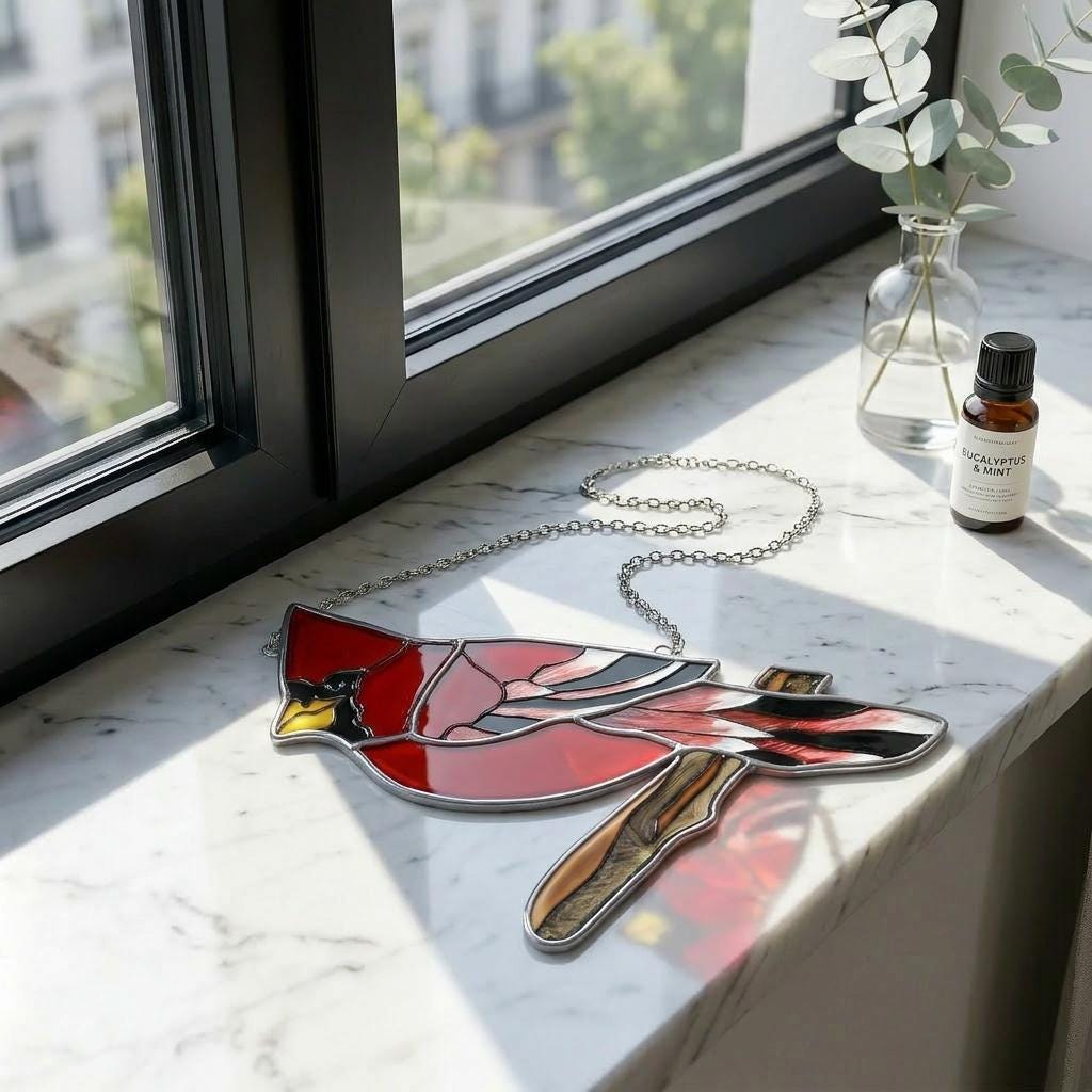 Handmade Stained Glass Cardinal Suncatcher, Red Bird Window Decor, Memorial Gift for Bird Lover, Nature Window Hanging, Glass Art