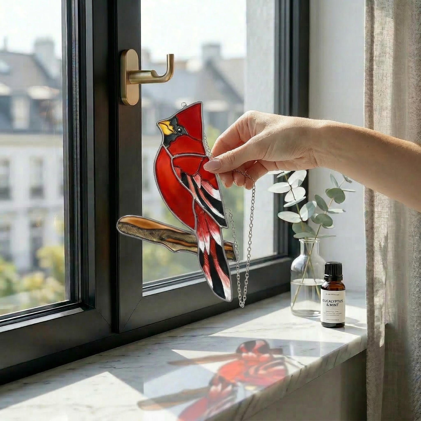 Handmade Stained Glass Cardinal Suncatcher, Red Bird Window Decor, Memorial Gift for Bird Lover, Nature Window Hanging, Glass Art