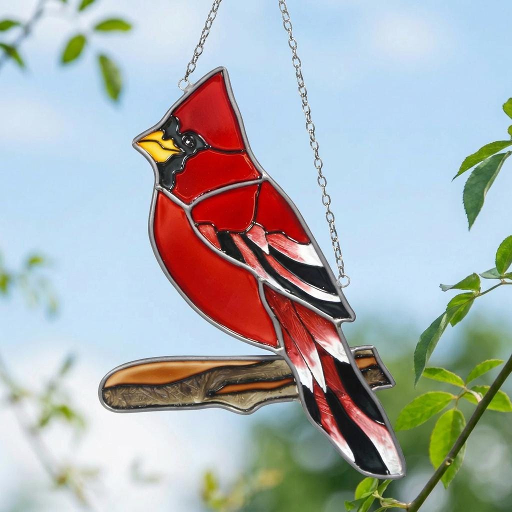 Handmade Stained Glass Cardinal Suncatcher, Red Bird Window Decor, Memorial Gift for Bird Lover, Nature Window Hanging, Glass Art