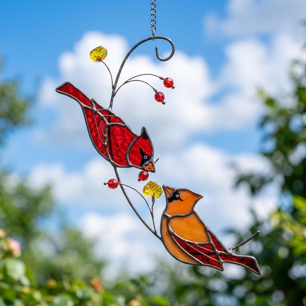 Stained Glass Cardinal Suncatcher | Mother's Day Gift for Mom | Bird Window Hanging | Memorial Gift | Spring Garden Decor