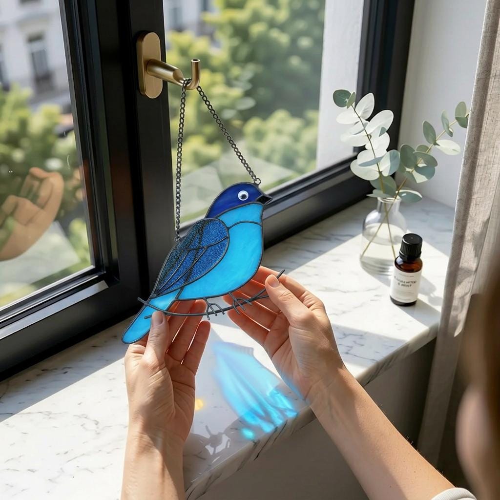 Stained Glass Blue bird Suncatcher | Handmade Window Hanging Bird Art | Mother's Day Gift | Spring Decor | Bird Lover Gift