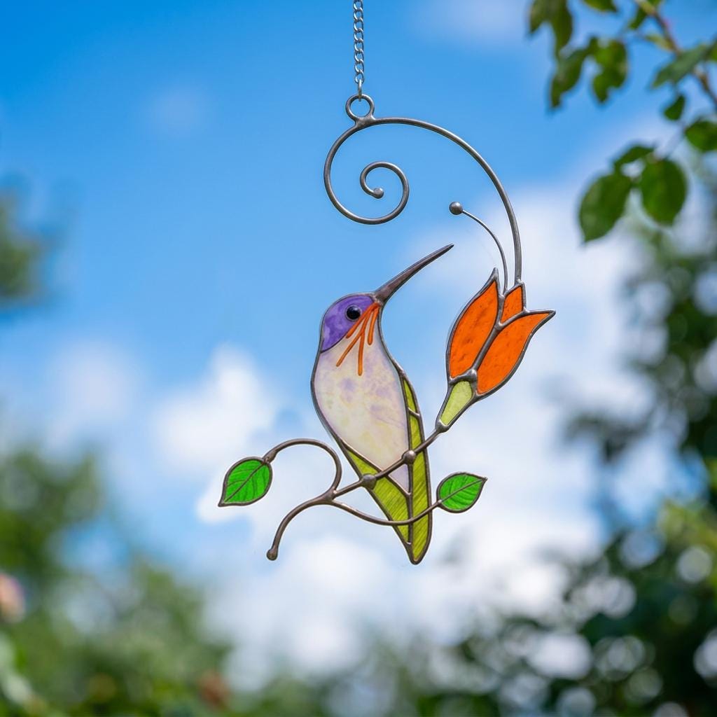 Hummingbird & Chickadee Stained Glass Suncatcher, handemade Hummingbird suncatcher, Unique Garden Decor Gift for Mom