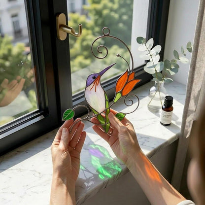 Hummingbird & Chickadee Stained Glass Suncatcher, handemade Hummingbird suncatcher, Unique Garden Decor Gift for Mom