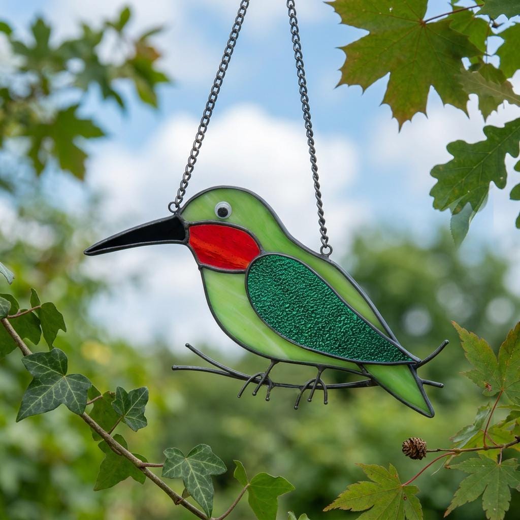 Hummingbird Stained Glass Suncatcher | Handmade Window Hanging Bird Decor | Housewarming Gift for Mom | Bird Lover Unique Present