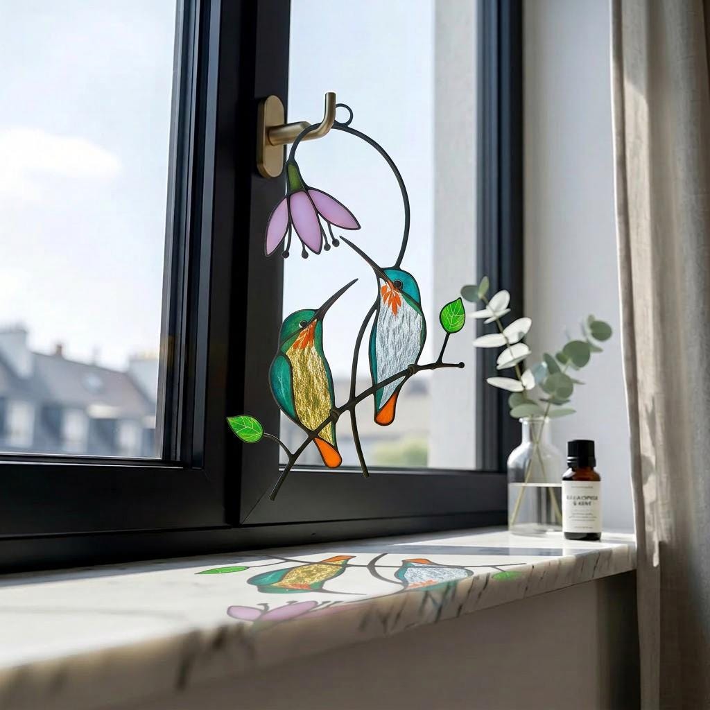 Stained Glass Hummingbird Suncatcher | Bird Window Hanging | Unique Gift for Mom | Handmade Nature Art Decor