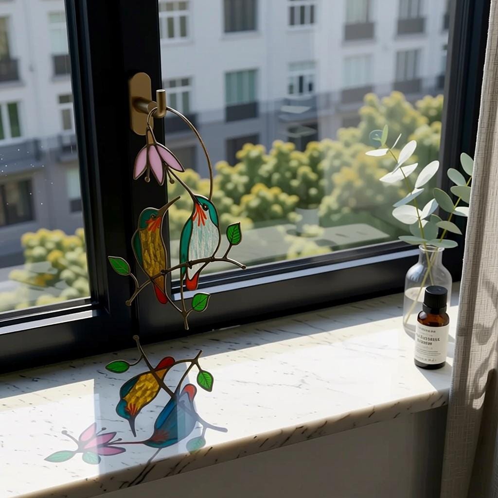 Stained Glass Hummingbird Suncatcher | Bird Window Hanging | Unique Gift for Mom | Handmade Nature Art Decor